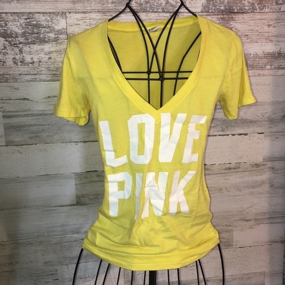 Pink Victoria’s Secret T-shirt size small yellow PINK VS SHIRT v-neck light​​ - Picture 1 of 6